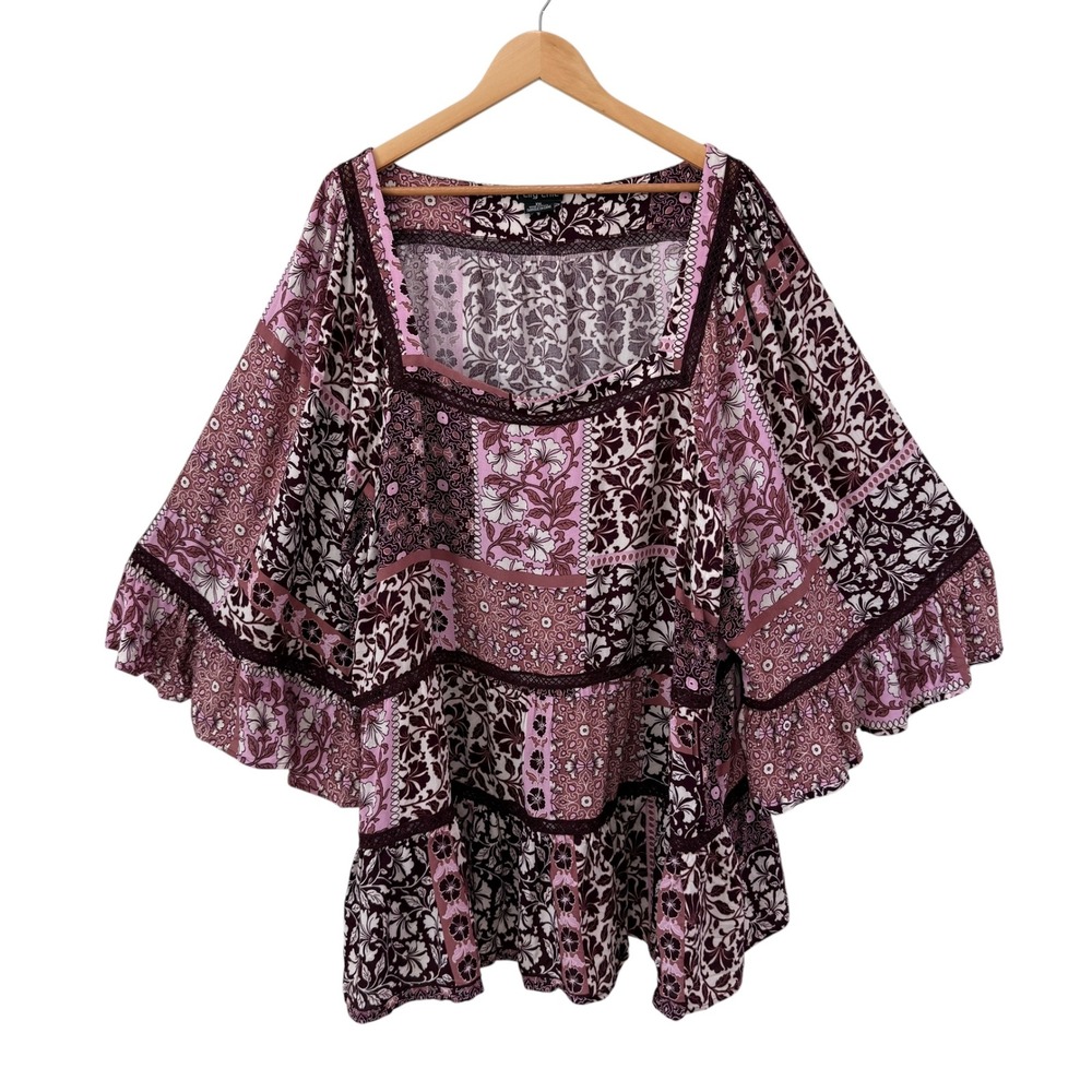 City Chic Lailah Top XXL 24 Purple Patchwork Floral Boho Bell Sleeve Tunic Ruffl